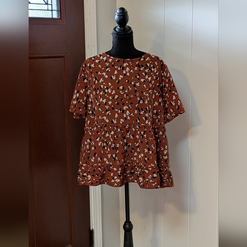 Women's Brown Floral Ruffle Hem Blouse